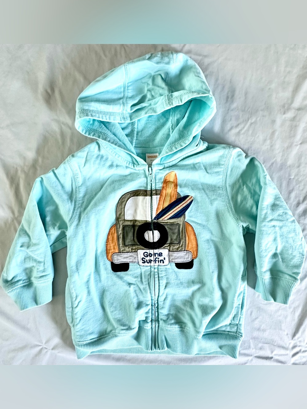 Gymboree Toddler Hoodie 2T-3T Aqua Blue Zip Up Surf Truck Beach Cotton